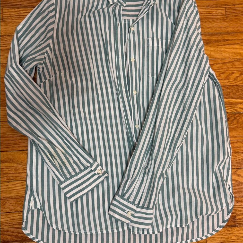 Old Navy Green and White Striped Women's Button Down Shirt